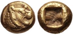 Greek KINGS of LYDIA. temp. Alyattes – Kroisos. Circa 620/10-550/39 BC. EL Hemihekte – Twelfth Stater (8mm, 1.18 g). Sardes mint. Head of roaring lion right, "sun" with no rays on forehead / Square pu
