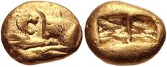 Greek KINGS of LYDIA. Kroisos. Circa 564/53-550/39 BC. AV Stater (17mm, 10.70 g). Heavy standard. Sardes mint. Regular issue. Confronted foreparts of lion and bull / Two incuse squares. Berk 2; Le Rid