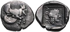 Greek CARIA, Uncertain ('Mint G'). Orou. Local dynast, circa 450-400 BC. AR Quarter Stater (15mm, 2.93 g, 12h). Forepart of winged man-headed bull right / Head of female right in dotted square border 