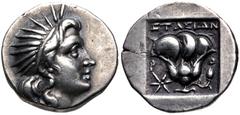 Greek ISLANDS off CARIA, Rhodos. Rhodes. Circa 188-170 BC. AR Drachm (16mm, 3.00 g, 11h). 'Plinthophoric' coinage. Stasion, magistrate. Radiate head of Helios right / Rose with bud to right; star to l