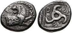 Greek DYNASTS of LYCIA. Kuprilli. Circa 480-440 BC. AR Third Stater (13.5mm, 2.81 g). Uncertain mint. Forepart of lion right, head left, triskeles on side / Triskeles in linear square within incuse sq