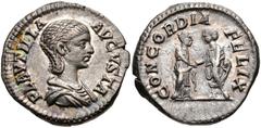 Roman Imperial Plautilla. Augusta, AD 202-205. AR Denarius (18mm, 3.40 g, 12h). Rome mint. Struck under Septimius Severus and Caracalla, AD 202-203. Draped bust right / CONCORDIA FELIX, Caracalla stan