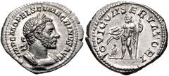 Roman Imperial Macrinus. AD 217-218. AR Denarius (20mm, 3.06 g, 12h). Rome mint, 3rd officina. 1st emission, May-August AD 217. Laureate and cuirassed bust right, wearing short beard / Jupiter standin
