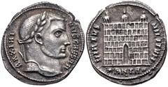 Roman Imperial Maximinus II. As Caesar, AD 305-309. AR Argenteus (19mm, 3.23 g, 11h). Antioch mint, 8th officina. Struck AD 305. MAXIMI NVS CAESAR, laureate head right / VIRTVS MILITVM, camp gate of t