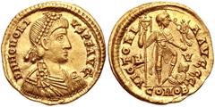 Roman Imperial Honorius. AD 393-423. AV Solidus (20mm, 4.46 g, 12h). Ravenna mint. Struck AD 402-406. Pearl-diademed, draped, and cuirassed bust right / Honorius standing right, foot on captive, holdi