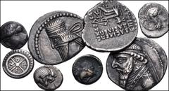 Large Lots MIXED. Greek–Oriental Greek. Lot of eight (8) silver and bronze issues. Includes: GREEK: Calabria, Tarentum. AR Diobol // Thrace, Metapontion. AR Diobol // Ionia, Kolophon. AR Diobol // Ion