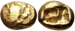 Greek KINGS of LYDIA. temp. Ardys – Alyattes. Circa 630s-564/53 BC. EL Trite – Third Stater (12.5mm, 4.68 g). Sardes mint. Head of roaring lion right, sun with four rays on forehead / Two incuse squar