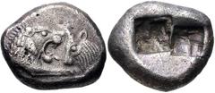 Greek KINGS of LYDIA. Kroisos. Circa 564/53-550/39 BC. AR Hemistater (15.5mm, 5.12 g). Sardes mint. Confronted foreparts of lion and bull / Two square punches of unequal size. Berk 23; SNG Ashmolean 7