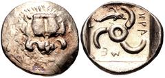 Greek DYNASTS of LYCIA. Mithrapata. Circa 390-370 BC. AR Sixth Stater (13mm, 1.44 g). Phellos(?) mint. Facing lion scalp / Triskeles; dolphin in one section; all within incuse square. Müseler VII 76–7