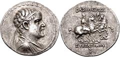 Oriental Greek BAKTRIA, Greco-Baktrian Kingdom. Eukratides I Megas. Circa 170-145 BC. AR Tetradrachm (32mm, 16.95 g, 12h). Diademed and draped bust right / The Dioskouroi on horses rearing right, hold