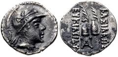 Oriental Greek BAKTRIA, Greco-Baktrian Kingdom. Eukratides I Megas. Circa 170-145 BC. AR Obol (11mm, 0.65 g, 12h). Diademed and draped bust right, wearing crested helmet helmet adorned with bull's hor