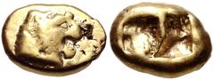 Greek KINGS of LYDIA. Alyattes. Circa 620/10-564/53 BC. EL Hekte – Sixth Stater (11mm, 2.33 g). Sardes mint. Head of roaring lion right, "sun" with no rays on forehead; WALW (in Lydian) downward on ri