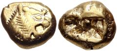 Greek KINGS of LYDIA. temp. Alyattes – Kroisos. Circa 620/10-550/39 BC. EL Trite – Third Stater (12.5mm, 4.68 g). Sardes mint. Head of roaring lion right, "sun" with multiple rays on forehead / Two sq