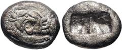 Greek KINGS of LYDIA. temp. Cyrus – Darios I. Circa 550/39-520 BC. AR Siglos (16mm, 4.83 g). Kroiseid type. Sardes mint. Confronted foreparts of lion right and bull left / Two incuse squares. Berk 22;