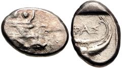 Greek LYCIA, Phaselis. Circa 500-440 BC. AR Third Stater (16mm, 3.50 g, 3h). Prow of galley right / Stern of galley right within incuse square. Heipp-Tamer Series 4, Emission 2, 64–5 var. (V–/R56 [unl