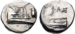 Greek LYCIA, Phaselis. 4th century BC. AR Stater (21.5mm, 10.40 g, 7h). Prow of galley right, fighting platform decorated with facing gorgoneion; to right, cicada upward / Stern of galley left; ΦAΣ ab