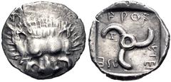 Greek DYNASTS of LYCIA. Aruwatijesi. Circa 400-370 BC. AR Sixth Stater (13.5mm, 1.24 g). Zagaba mint. Facing lion scalp / Triskeles; Z (mint mark) in one section; all within incuse square. Müseler VII