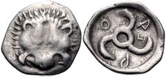 Greek DYNASTS of LYCIA. Aruwatijesi. Circa 400-370 BC. AR Twelfth Stater (12mm, 0.70 g). Zagaba mint. Facing lion scalp / Triskeles; Z (mint mark) in one section; all within incuse square. Müseler VII