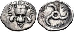 Greek DYNASTS of LYCIA. Trbbenimi. Circa 390-375 BC. AR Sixth Stater (14.5mm, 1.53 g). Wedrei mint(?). Facing lion scalp; triskeles below / Triskeles in incuse circle. Cf. Müseler VIII 12 (third state