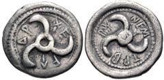 Greek DYNASTS of LYCIA. Trbbenimi. Circa 390-375 BC. AR Sixth Stater (13.5mm, 1.54 g). Wedrei mint. Triskeles in dotted circular border / Triskeles in dotted circular border within incuse circle. Müse