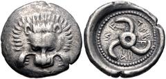 Greek DYNASTS of LYCIA. Trbbenimi. Circa 390-375 BC. AR Sixth Stater (13.5mm, 1.55 g). Wedrei mint. Facing lion scalp; triskeles below / Triskeles; F (W in Lycian; mintmark) in one section; all within