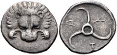 Greek DYNASTS of LYCIA. temp. Trbbenimi. Circa 390-375 BC. AR Sixth Stater (13.5mm, 1.56 g). Zagaba mint. Facing lion scalp / Triskeles; ZAG (mintmark, in Lycian) around; all within incuse circle. Cf.