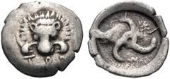 Greek DYNASTS of LYCIA. Trbbenimi. Circa 390-375 BC. AR Twelfth Stater (11.5mm, 0.70 g). Zemura (Limyra) mint. Facing lion scalp; TRB (in Lycian) below / Triskeles; [ZE]M (mintmark, in Lycian) around;