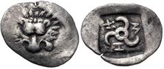 Greek DYNASTS of LYCIA. temp. Trbbenimi. Circa 390-375 BC. AR Twenty-fourth Stater (10.5mm, 0.36 g). Zemura (Limyra) mint. Facing lion scalp / Triskeles; ZEM (mintmark, in Lycian) around; all within i