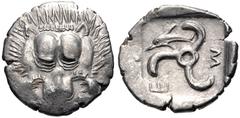 Greek DYNASTS of LYCIA. Mithrapata. Circa 390-370 BC. AR Sixth Stater (13mm, 1.21 g). Phellos(?) mint. Facing lion scalp / Triskeles; dolphin in one section; all within incuse square. Müseler VII 76–7