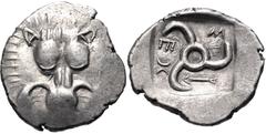 Greek DYNASTS of LYCIA. Mithrapata. Circa 390-370 BC. AR Sixth Stater (12mm, 1.17 g). Uncertain mint. Facing lion scalp / Triskeles; arrow in one section; all within incuse square. Müseler VII 86–90 v