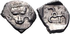 Greek DYNASTS of LYCIA. Mithrapata. Circa 390-370 BC. AR Sixth Stater (15mm, 1.34 g). Uncertain mint. Facing lion scalp / Triskeles; labrys in one section; all within incuse square. Müseler VII –; SNG