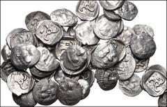 Large Lots GREEK. Asia Minor. Lot of fifty (50) Mithrapata AR Diobols. All coins: DYNASTS of LYCIA, Mithrapata. Circa 390-370 BC. AR Diobol. Facing lion's scalp / Triskeles within incuse square; vario