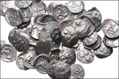 Large Lots GREEK. Asia Minor. Lot of fifty (50) Mithrapata AR Diobols. All coins: DYNASTS of LYCIA, Mithrapata. Circa 390-370 BC. AR Diobol. Facing lion's scalp / Triskeles within incuse square; vario