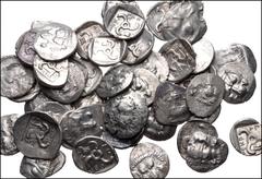 Large Lots GREEK. Asia Minor. Lot of fifty (50) Mithrapata AR Diobols. All coins: DYNASTS of LYCIA, Mithrapata. Circa 390-370 BC. AR Diobol. Facing lion's scalp / Triskeles within incuse square; vario