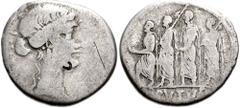 M. Junius Brutus. 54 BC. AR Denarius (19mm, 3.53 g). Bust of Liberty right / The consul L. Junius Brutus walking left between two lictors preceded by an accensus. Crawford 433/1; Sydenham 906a; Junia 