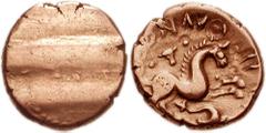 CELTIC BRITAIN. Cantiaci. Dubnovellaunus. Circa 30-10 BC. AV Stater (16mm, 5.49 g, 2h?). Undefined parallel banding / Horse prancing right; above, bucranium, pellets, and pellet-in-rings; serpentine p