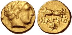 KINGS of MACEDON. temp. Philip II – Alexander III. Circa 340/36-328 BC. AV Twelfth Stater (7.5mm, 0.72 g, 3h). In the name and types of Philip II. Pella mint. Laureate head of Apollo right / Thunderbo