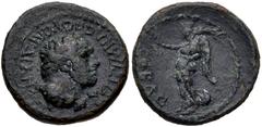 LYDIA, Sardis. Pseudo-autonomous issue. Time of Nero, AD 54-68. Æ Assarion (16mm, 2.53 g, 6h). Ti. Mnaseas, magistrate. Head of Herakles right / Nike standing left, holding wreath and palm frond. RPC 