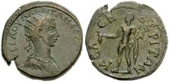 CILICIA, Celenderis. Hostilian. As Caesar, 250 AD. Æ 18mm (3.25 g, 6h). Radiate, draped and cuirassed bust right / Hermes standing facing, head left, holding purse and caduceus. SNG Levante 560 (this 