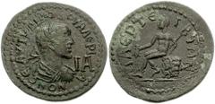 CILICIA, Laertes. Valerian I. 253-260 AD. Æ 11 Assaria (31mm, 13.71 g, 6h). Laureate, draped and cuirassed bust right / Hermes seated left on rock, holding purse and caduceus. SNG Levante 379 (this co