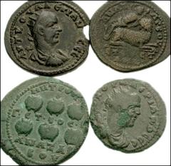 CILICIA . Lot of four Æ. Anazarbus. Valerian I SNG Levante 1517, 1519, and 1521 (all these coins) // Hierapolis-Castabala. Valerian I . SNG Levante 1596 (this coin). Coins Fine-VF. LOT SOLD AS IS, NO 