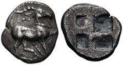 Greek THRACO-MACEDONIAN REGION, Uncertain. Circa 480-460 BC. AR Diobol(?) (9mm, 0.84 g). Male goat kneeling right on groundline / Quadripartite incuse square. HPM pl. III, 22 var. (slightly different 
