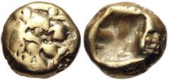 Greek KINGS of LYDIA. temp. Ardys – Alyattes. Circa 630s-564/53 BC. EL Hemihekte – Twelfth Stater (7mm, 1.14 g). Sardes mint. Head of roaring lion right, "sun" with no rays on forehead / Incuse square