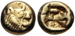 Greek KINGS of LYDIA. temp. Alyattes – Kroisos. Circa 620/10-550/39 BC. EL Hemihekte – Twelfth Stater (7mm, 1.16 g). Sardes mint. Head of roaring lion right, "sun" with no rays on forehead / Square pu