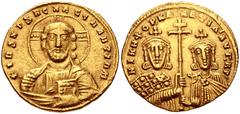 Byzantine Nicephorus II Phocas, with Basil II. 963-969. AV Histamenon Nomisma (20mm, 4.40 g, 6h). Constantinople mint. Struck 963-964. Facing bust of Christ Pantokrator / Crowned busts of Nicephorus a