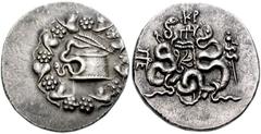 MYSIA, Pergamon. Circa 85-76 BC. AR Cistophoric Tetradrachm (26mm, 12.75 g). Serpent crawling from cista mystica; all within ivy-wreath / Bow-case with serpents; KP and monograms above, monogram of Pe