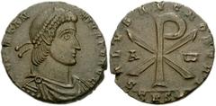 CONSTANTIUS II. 337-361 AD. Æ Centenionalis (22mm, 5.46 g). Trier mint. Struck 352 AD. Diademed, draped and cuirassed bust right / Large Chi-Rho between A-W; TRS*. RIC VIII 332; LRBC 67. VF, brown pat