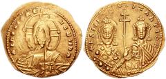 BASIL II, Bulgaroktonos. 976-1025 AD. AV Histamenon Nomisma (22mm, 4.33 g). Constantinople mint. Struck 977-989 AD. Bust of Christ facing / Crowned busts of Basil II and Constantine VIII, holding patr