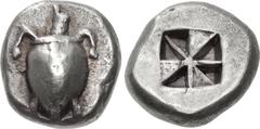 Greek ISLANDS off ATTICA, Aegina. Circa 525/0-500 BC. AR Drachm (14mm, 6.16 g). Sea turtle with thick collar and row of dots down its back / Incuse square of "Union Jack" pattern with five incuse and 