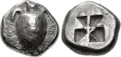 Greek ISLANDS off ATTICA, Aegina. Circa 525/0-500 BC. AR Obol (8mm, 0.95 g). Sea turtle with thick collar and row of dots down its back / Incuse square of "Union Jack" pattern with five incuse and thr